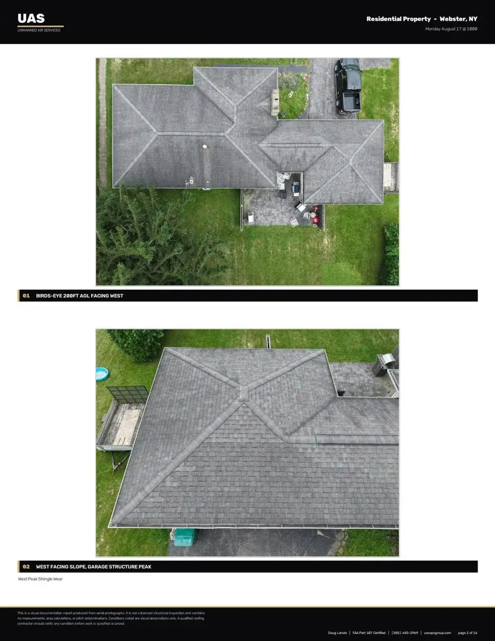 Sample page from an annotated drone roof report by Unmanned Air Services