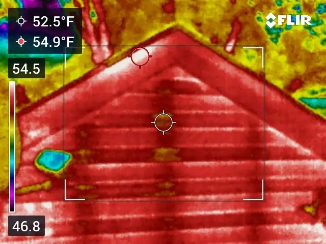 Thermal image of a sided gable wall showing the framing pattern through the siding